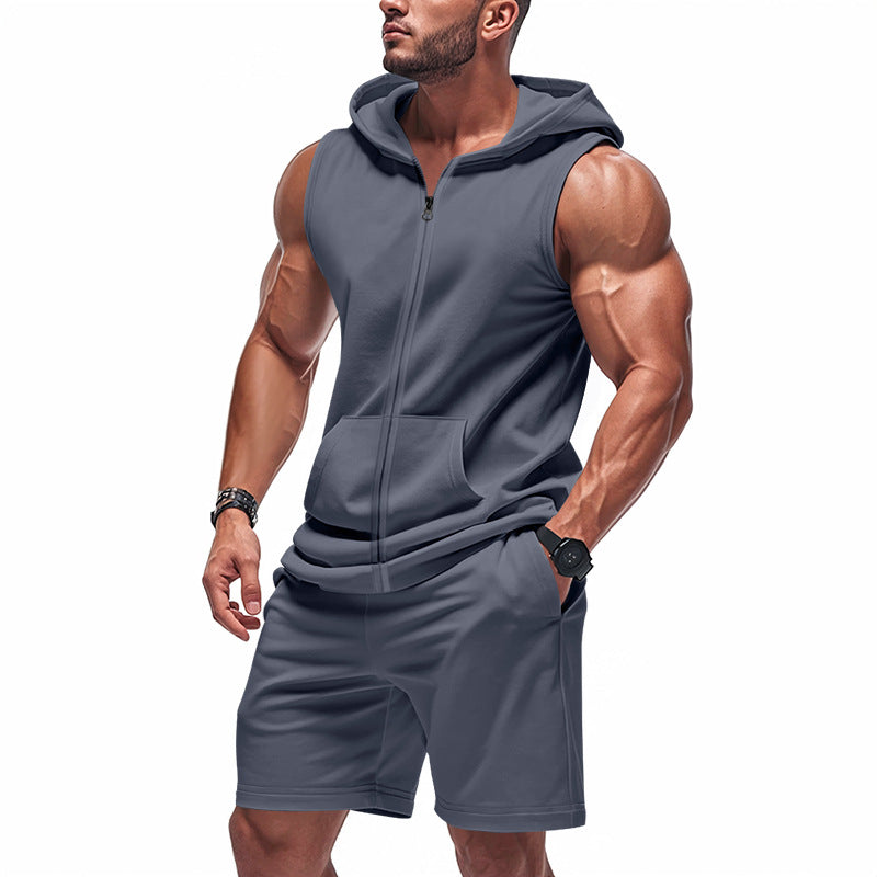 Herre nan sporty hættetrøje sæt med ærmeløs sweatshirt, gennemgående lynlås og træningsshorts Skovae