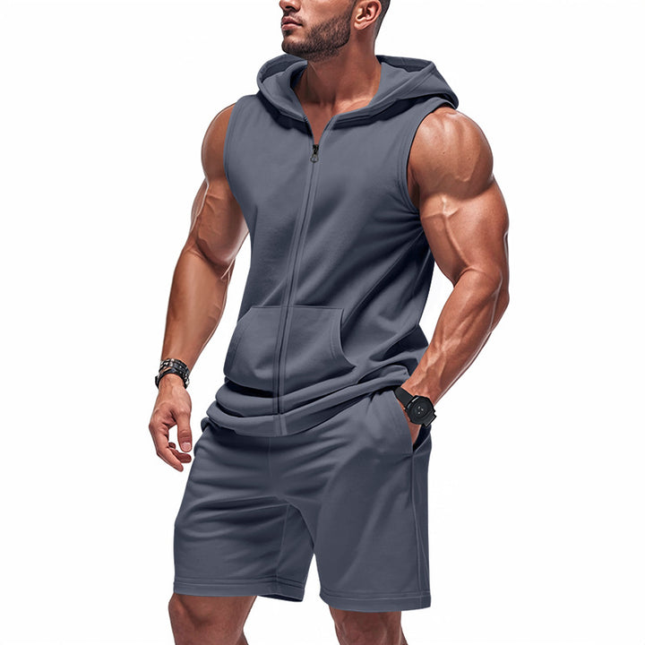 Herre nan sporty hættetrøje sæt med ærmeløs sweatshirt, gennemgående lynlås og træningsshorts Skovae