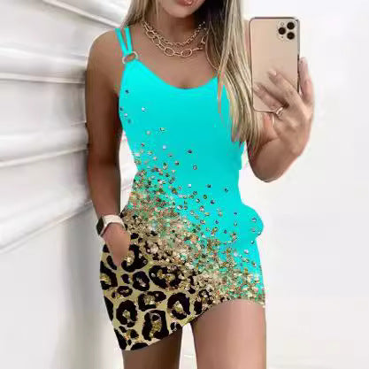 Dame Kortærmet Kjole med Leopardmønster og Rhinestones Skovae