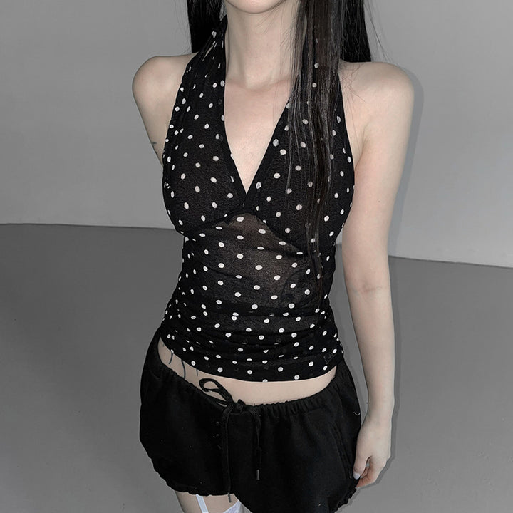 Dame Halterneck Top med Polka Dots Skovae