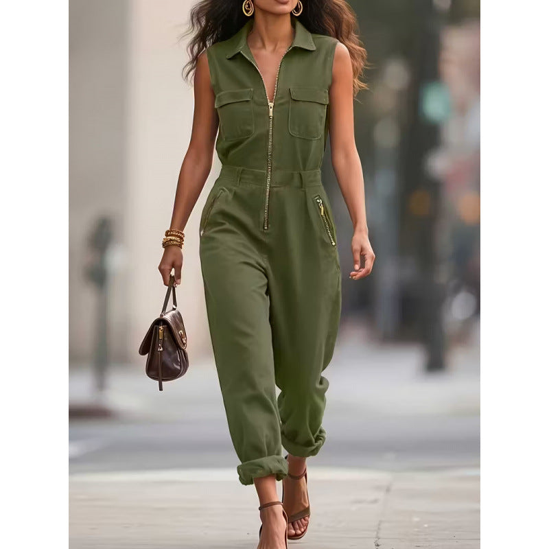 Dame jumpsuit med moderne krave og lynlåse Skovae
