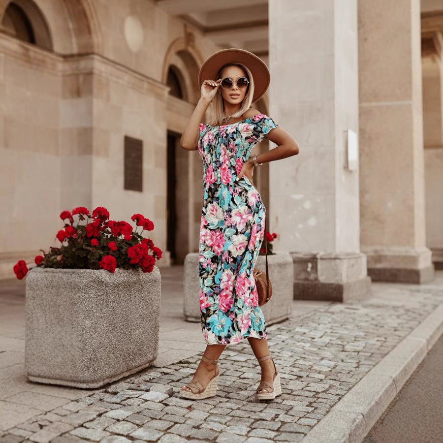 Dame Off-Shoulder Maxikjole med elastisk bånd og florale accenter Stilla