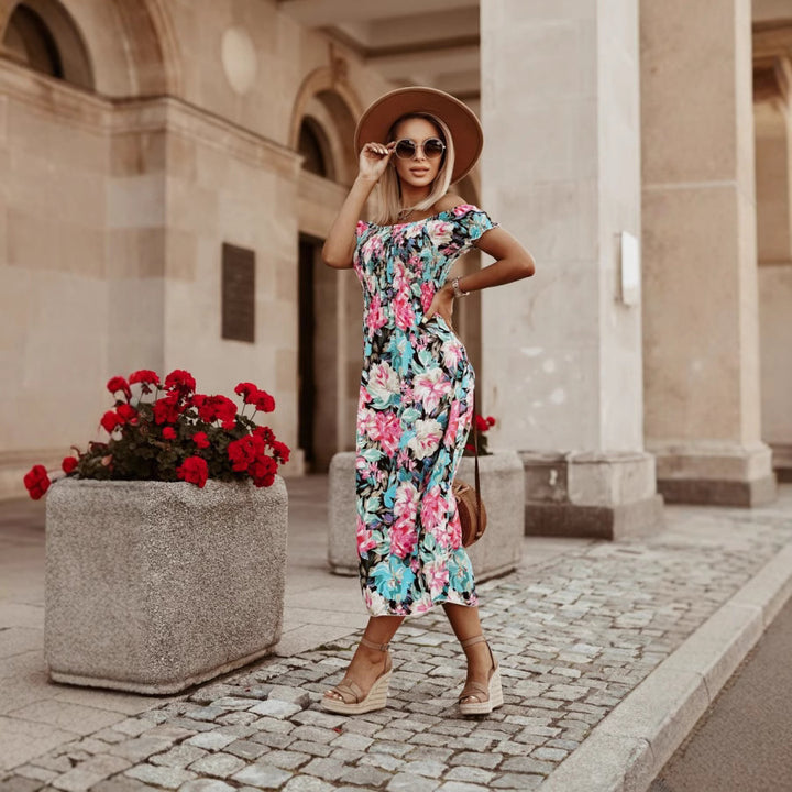 Dame Off-Shoulder Maxikjole med elastisk bånd og florale accenter Stilla