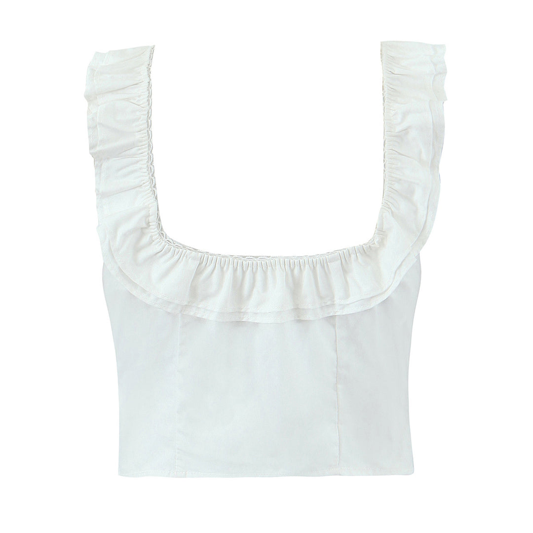 Dame Cropped top med flæsedetaljer og dekorative knaplukninger Stilla