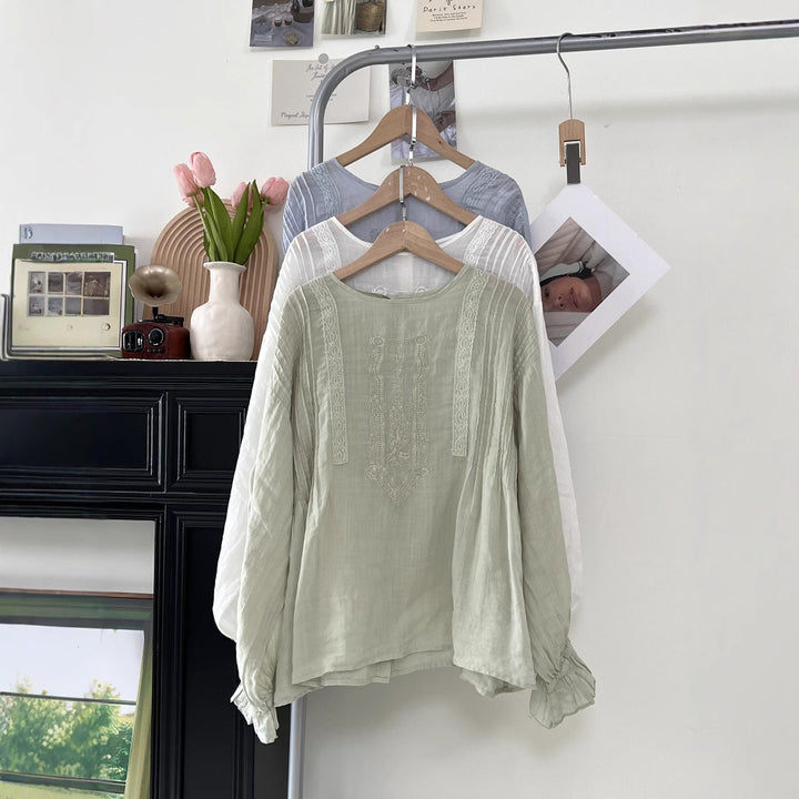 Femme Elegant Broderet Langærmet Bluse Stilla
