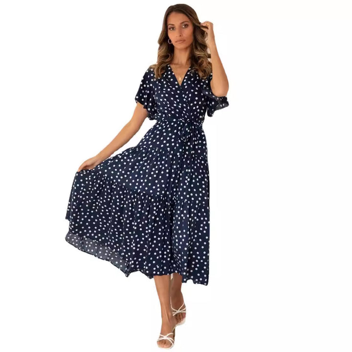 Dame Vintage Inspireret Polka Dot Maxi Kjole med Bindebånd Detalje Stilla