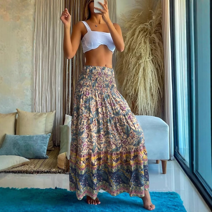 Dame maxilangt skirt med blomster mønstre og elastisk talje Stilla