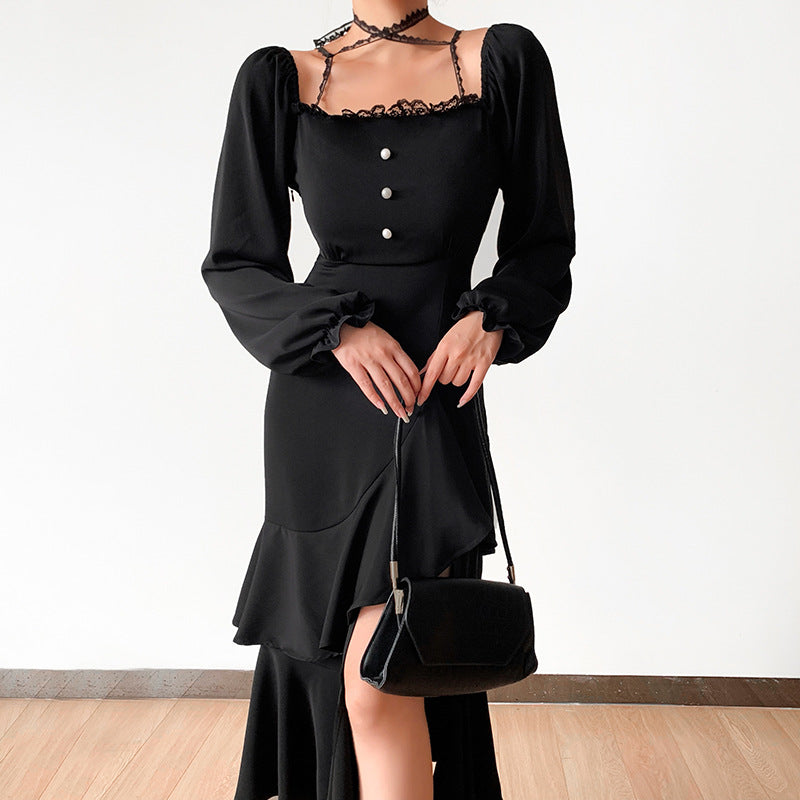 Dame Elegant skåret aftenkjole med ruffles detaljer og dyb slids Stilla