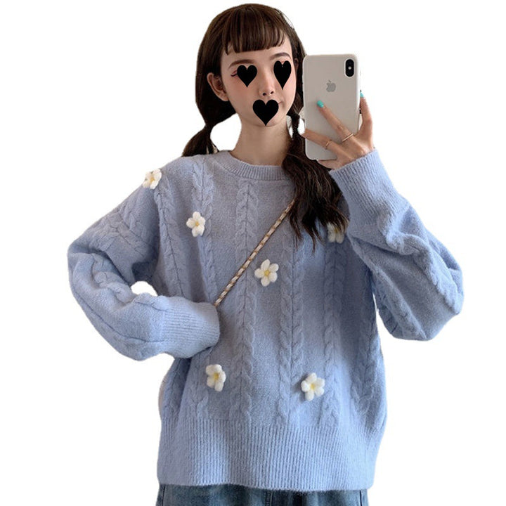 Dame Fashionable Chunky Strik Sweater med Blomsterapplikationer Stilla