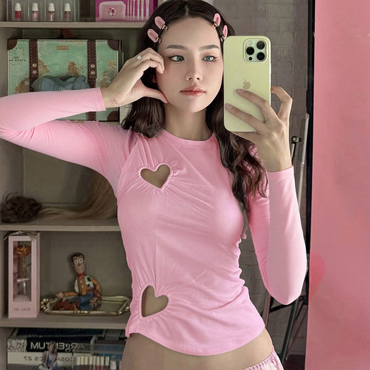Dame Crop-top med hjerteformede udsparinger og moderne rynkeelement Skovae