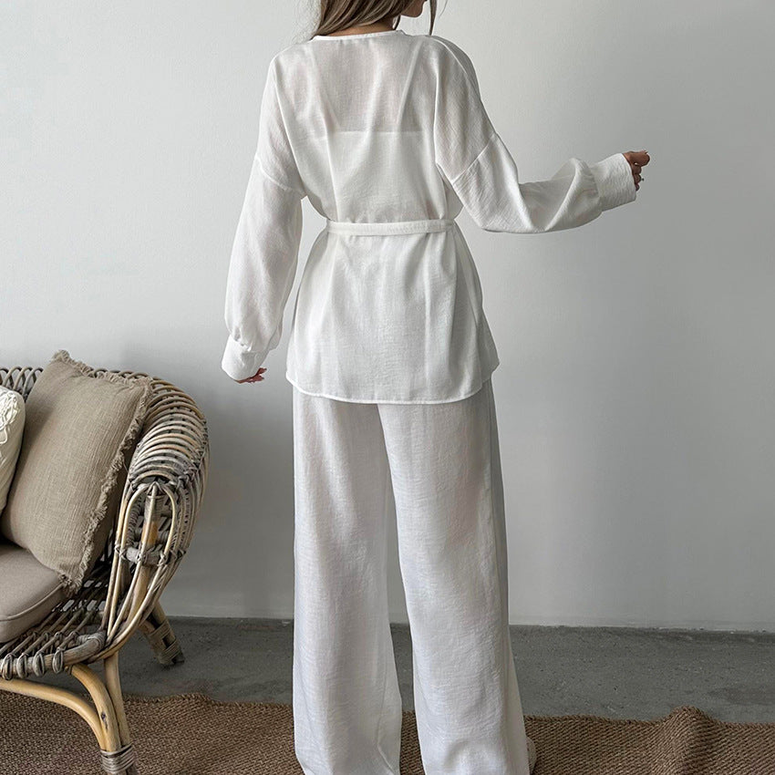 Damer elegant loungewear-sæt med løstsiddende blusejakke og bredt skårne bukser Stilla