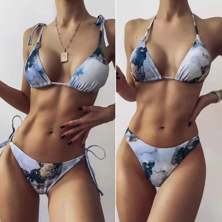 Dame Højt skåret bikini-sæt med stilfuldt marmorprint Skovae