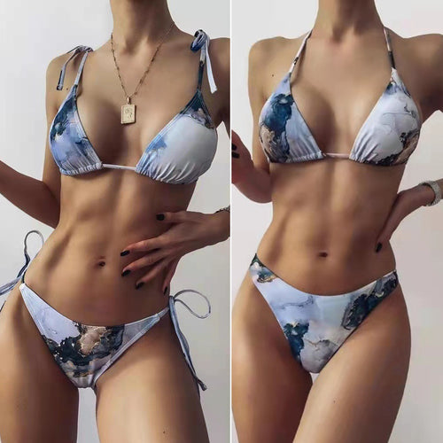 Dame Højt skåret bikini-sæt med stilfuldt marmorprint Skovae