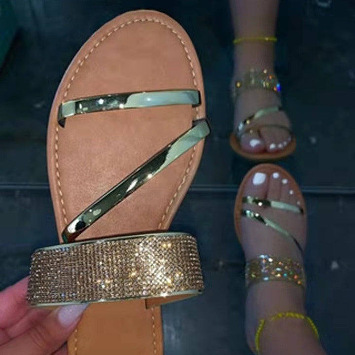 Dame sandaler med skinnende dekorativt bånd og komfortable stropper Stilla