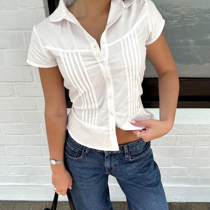 Damen Bluse mit tailliertem Schnitt und dekorativen Falten Skovae