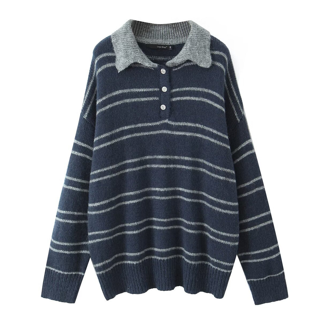 Kvinders afslappet sweater med kontrasterende krave og moderne striber Stilla