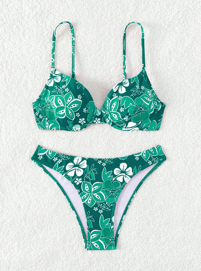 Dame polstret trekant-bikini med blomstermotiv og justerbare stropper Skovae