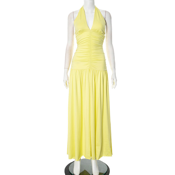 Femme Elegantes Halterneck Maxi-Kjole med Rynkning Stilla