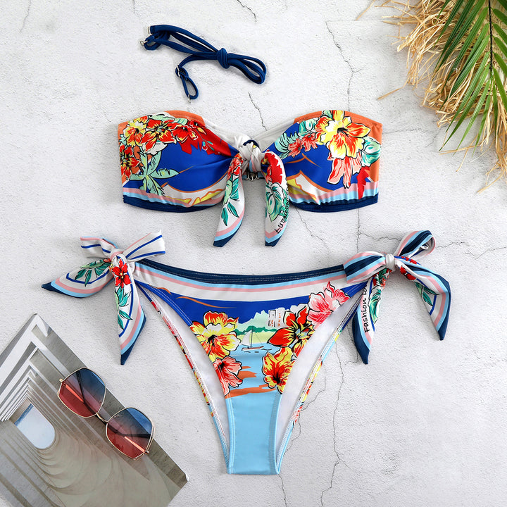 Dame bikini-sæt med legende sløjfe-design og livligt blomster mønster Stilla