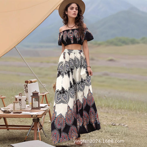Dame Bohemian Off-Shoulder Crop Top og Maxi Skirt Sæt Stilla
