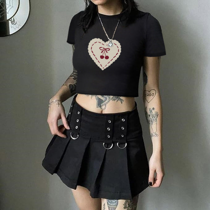 Damer Crop-T-Shirt med legende kirsebærmotiv og elegant sløjfeprint Skovae