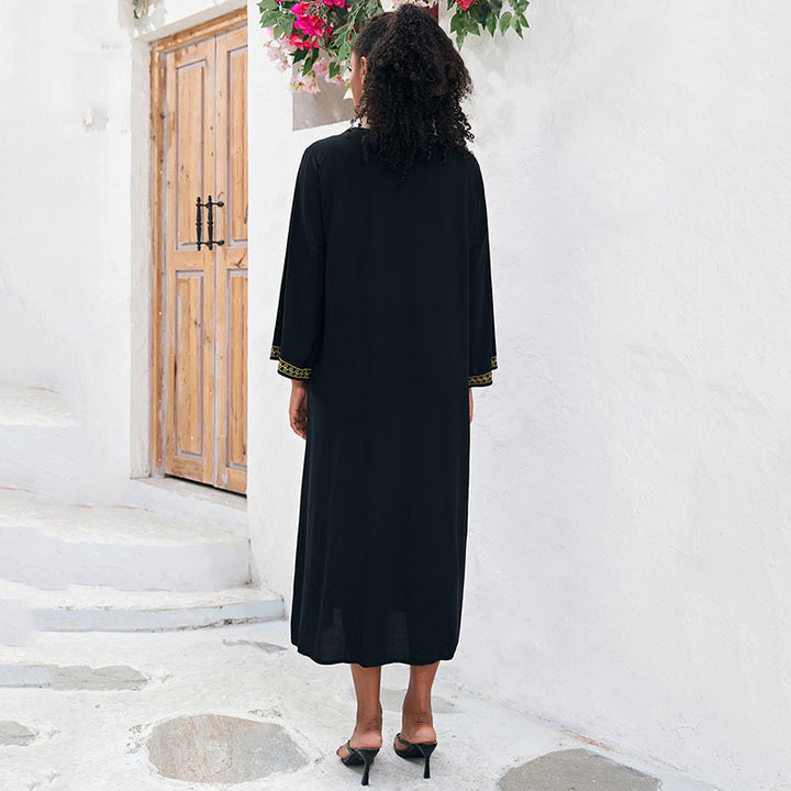 Dame elegant Maxikjole med kunstneriske broderier og sidelommer Stilla