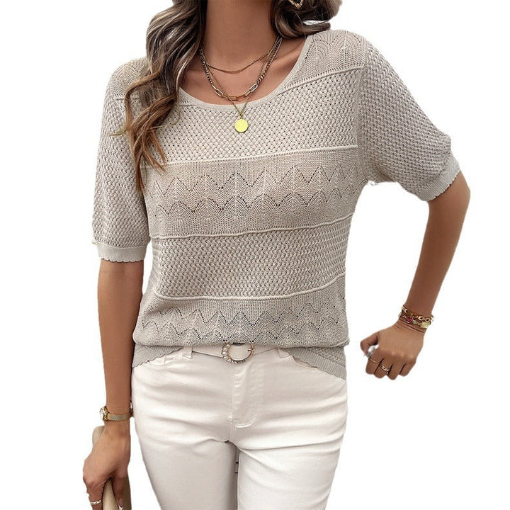 Skovae | Elegant Rund hals Hullet Kortærmet Pullover Top