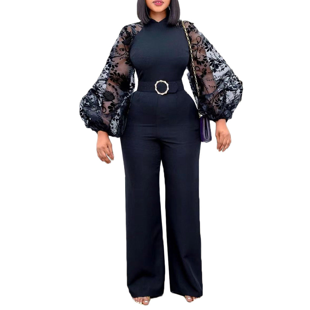 Dame elegant jumpsuit med voluminøse tylærmer og figursyet snit Stilla