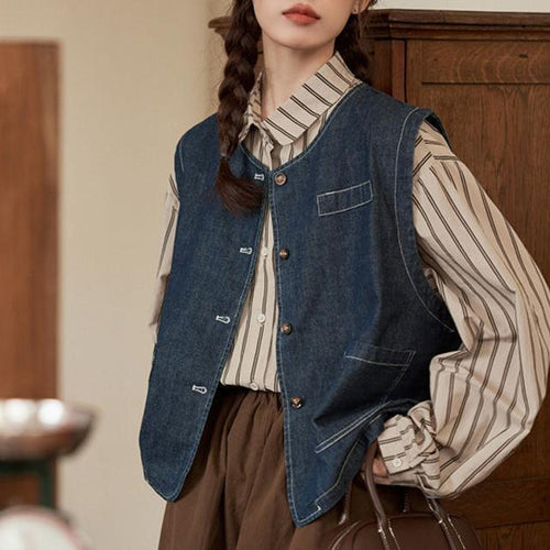 Kvinder denimvest med knaplukning og lommer Stilla