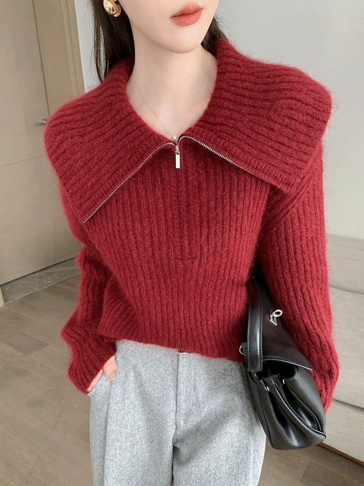 Kvinders strikket sweater med stor krave og lynlås Stilla