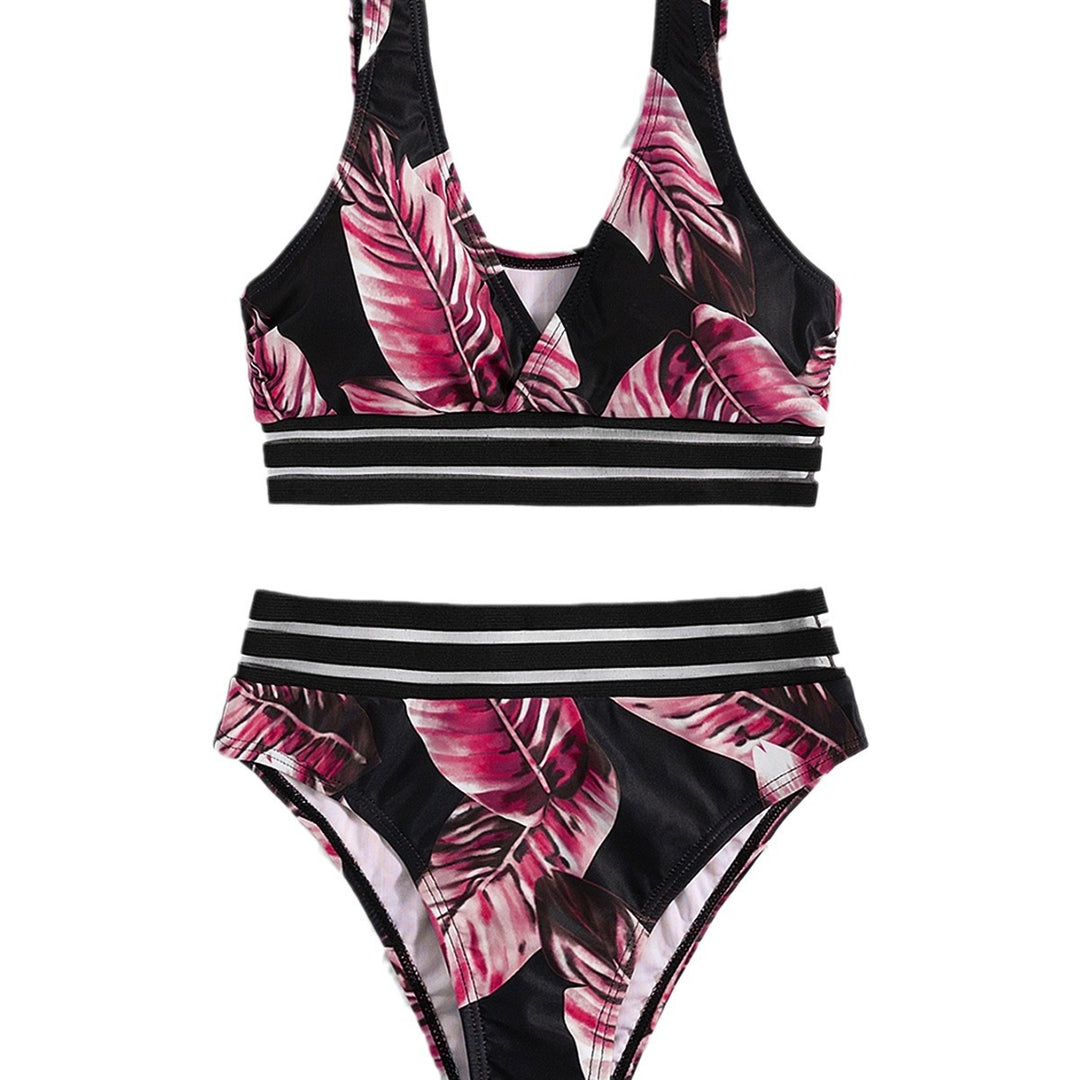 Dame Højskåret Bikini-Sæt med floral bladmønster og sporty design Stilla