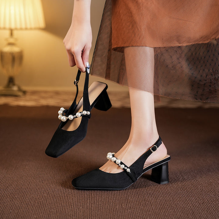 Dame Slingback Pumper med kvadratisk tåparti og blokhæl med elegant perledetalje Stilla