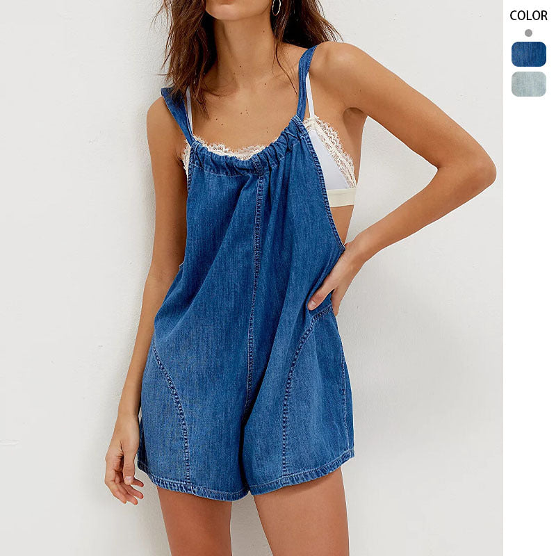 Kvinders denim shorts overalls med samlet halsudskæring og sidelommer Stilla
