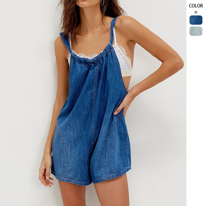 Kvinders denim shorts overalls med samlet halsudskæring og sidelommer Stilla