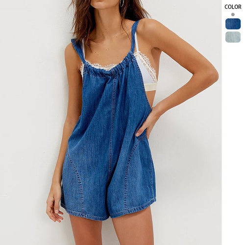 Kvinders denim shorts overalls med samlet halsudskæring og sidelommer Stilla