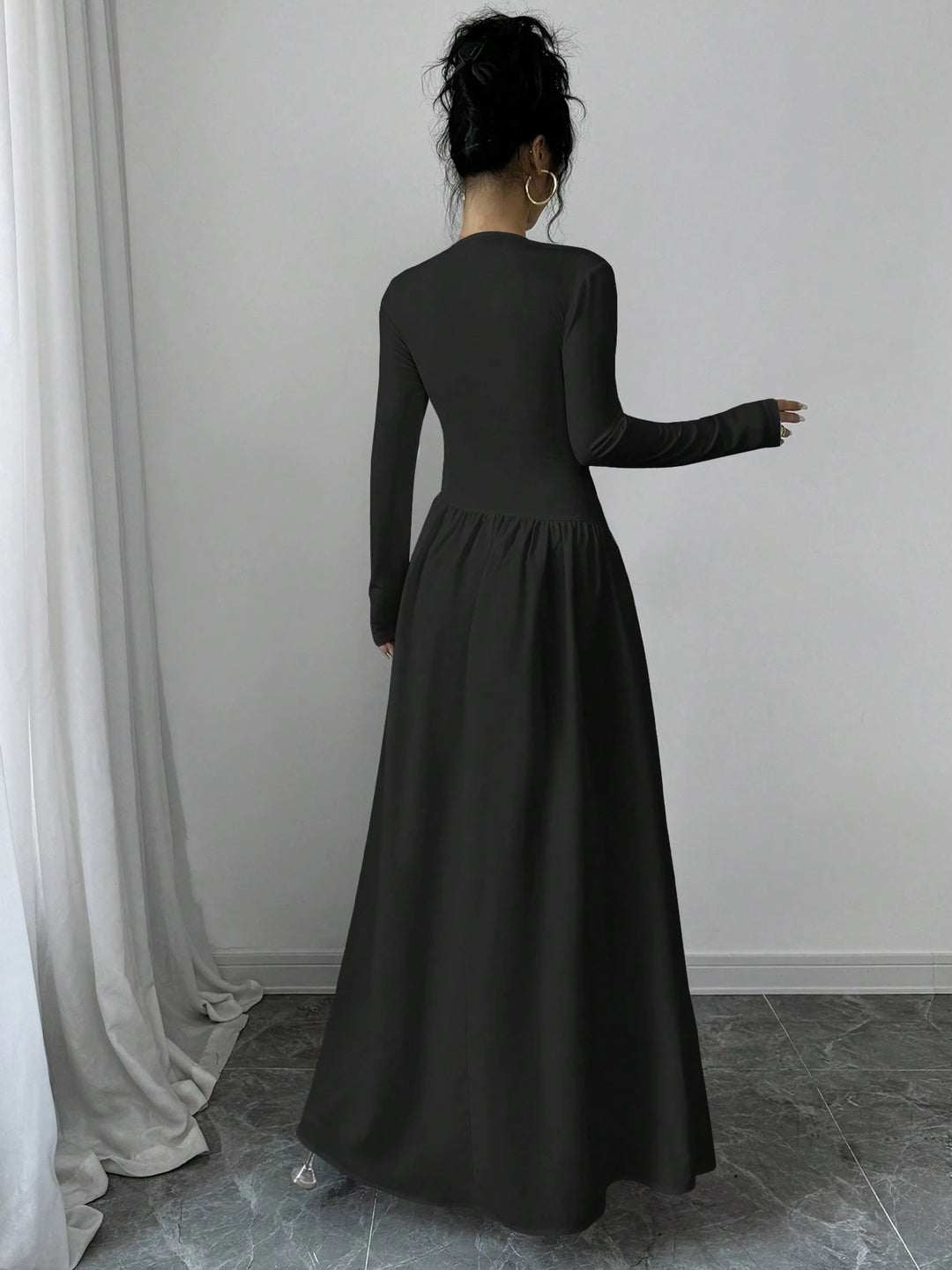 Dame elegant Maxikjole med lange ærmer og vid nederdel Stilla