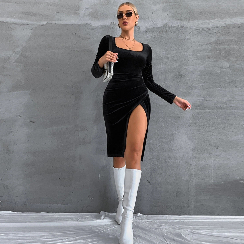 Stilla | Elegant Firkantet Hals Langærmet Fløjls Bodycon Kjole