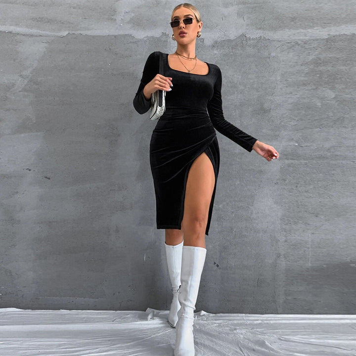 Stilla | Elegant Firkantet Hals Langærmet Fløjls Bodycon Kjole