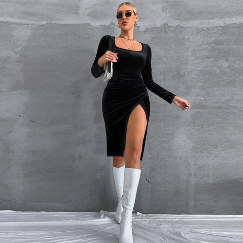 Stilla | Elegant Firkantet Hals Langærmet Fløjls Bodycon Kjole