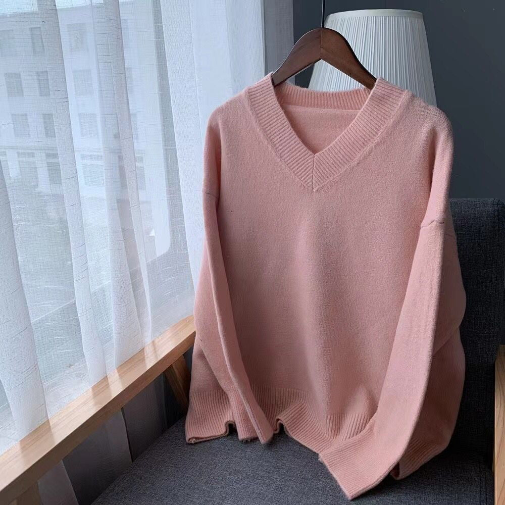 Kvindernes chunky strik V-hals sweater med en afslappet pasform og oversized ærmer Stilla