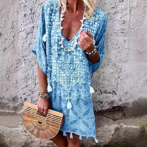 Dame Boho-Chic Kaftan med V-Udskæring og Kvist-Detaljer Stilla