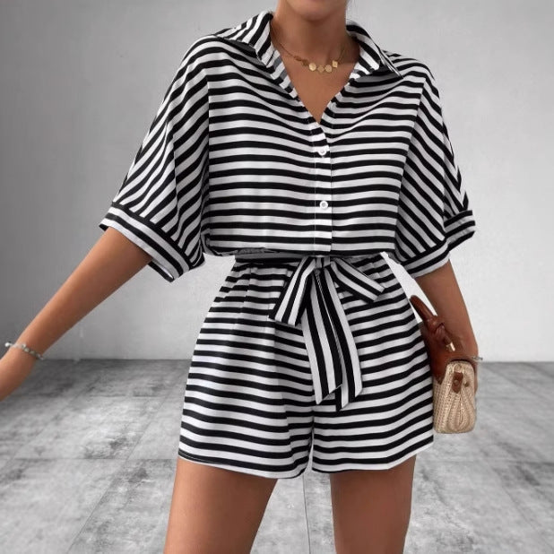 Dame Relaxed Fit Stribet Bindefront Overall Sæt Stilla