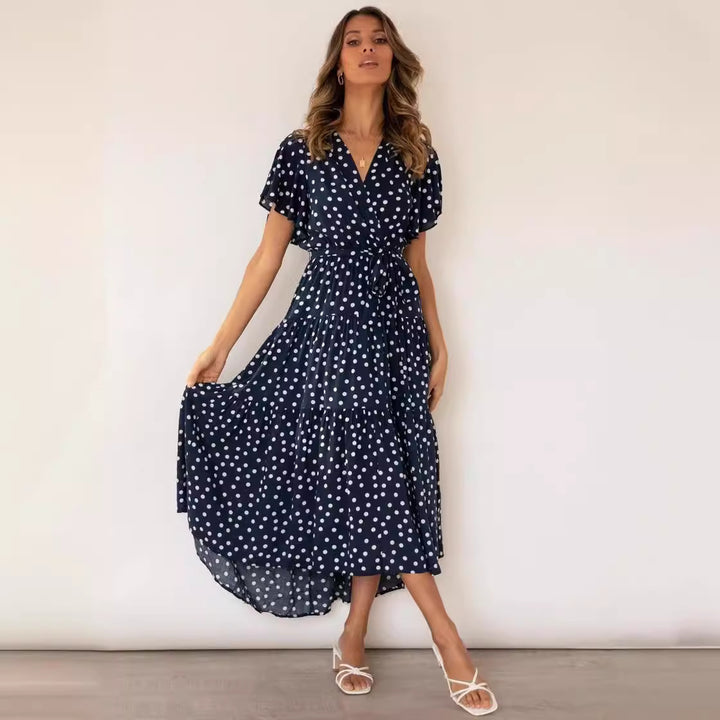 Dame Vintage Inspireret Polka Dot Maxi Kjole med Bindebånd Detalje Stilla