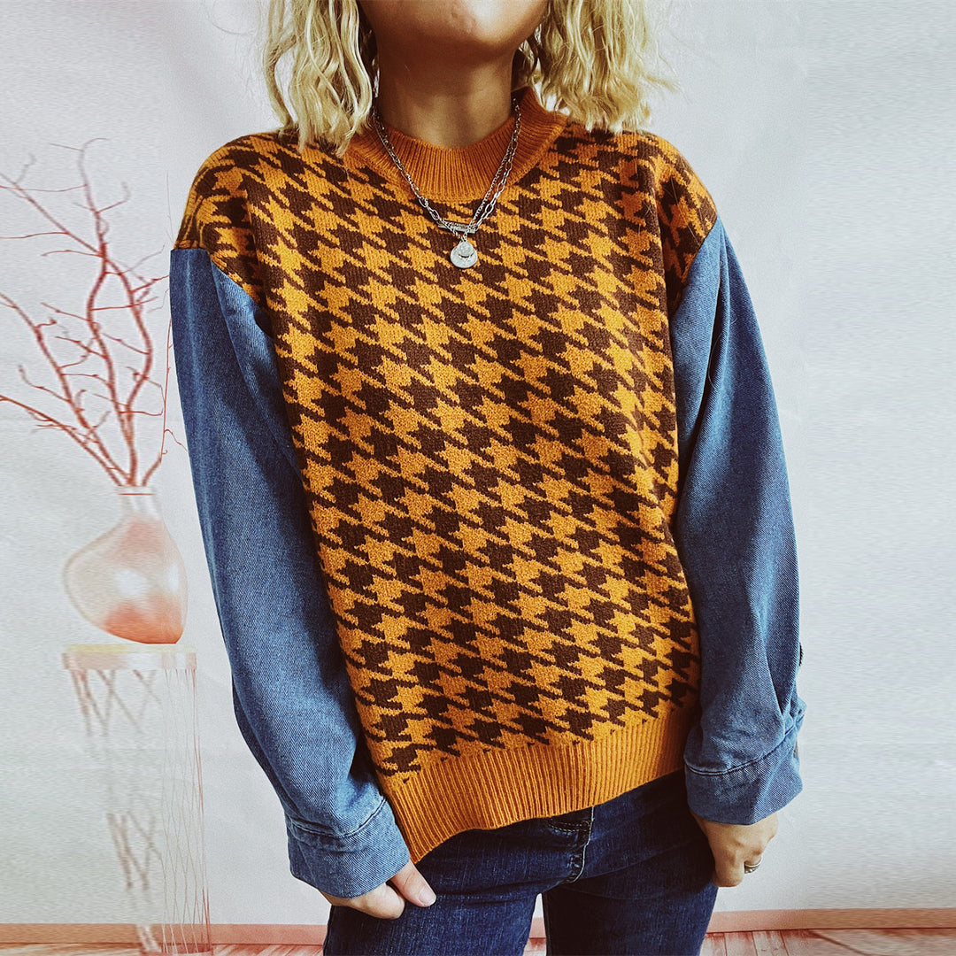 Dame casual sweater med moderne houndstooth mønster og denim ærmer Stilla