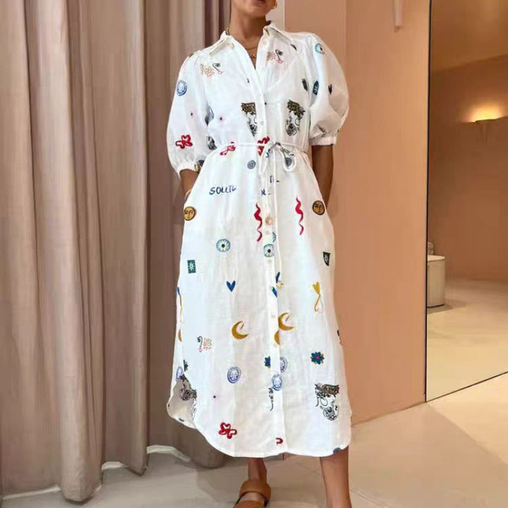 Dame Broderet Button-Up Maxi Skjorte Kjole Stilla