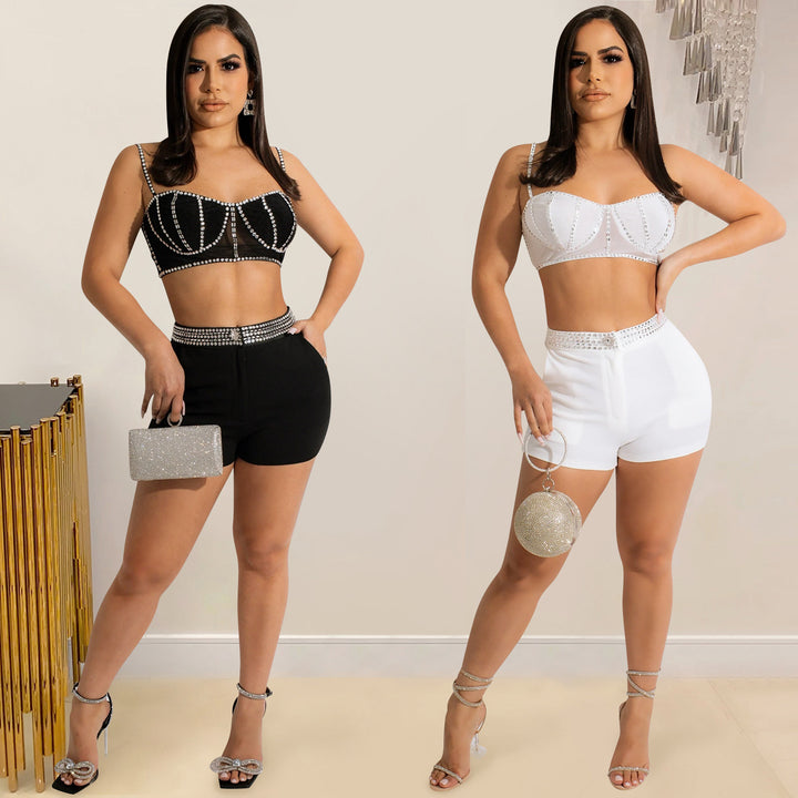 Dame Elegant Crop-top og Shorts Sæt med Rhinsten og Høj Talje Stilla