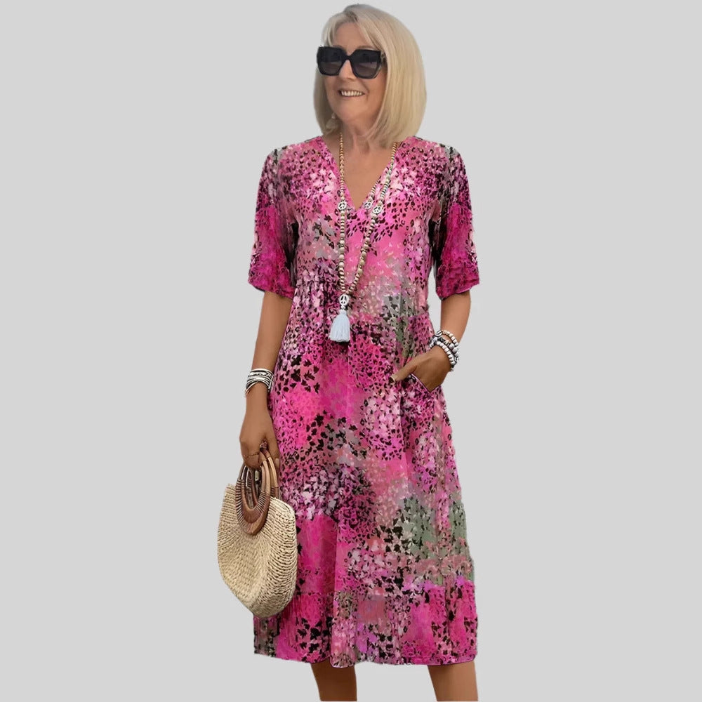 Dame Flydende V-Hals Blomster Midi Kjole Stilla