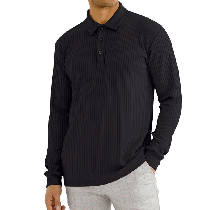 Herren nan ribbet Langærmet polo-shirt med fin rib-struktur, klassisk krave og elastisk søm Skovae