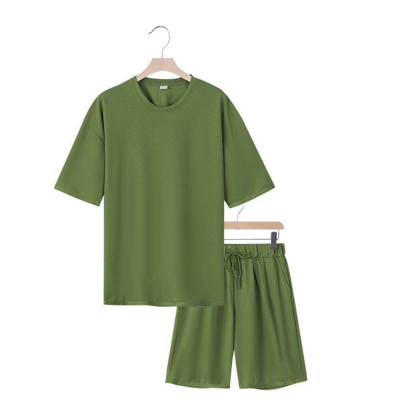 Herrer afslappet jersey-sæt med forlænget rundhalset T-shirt og elastiske snoretræk-shorts Skovae
