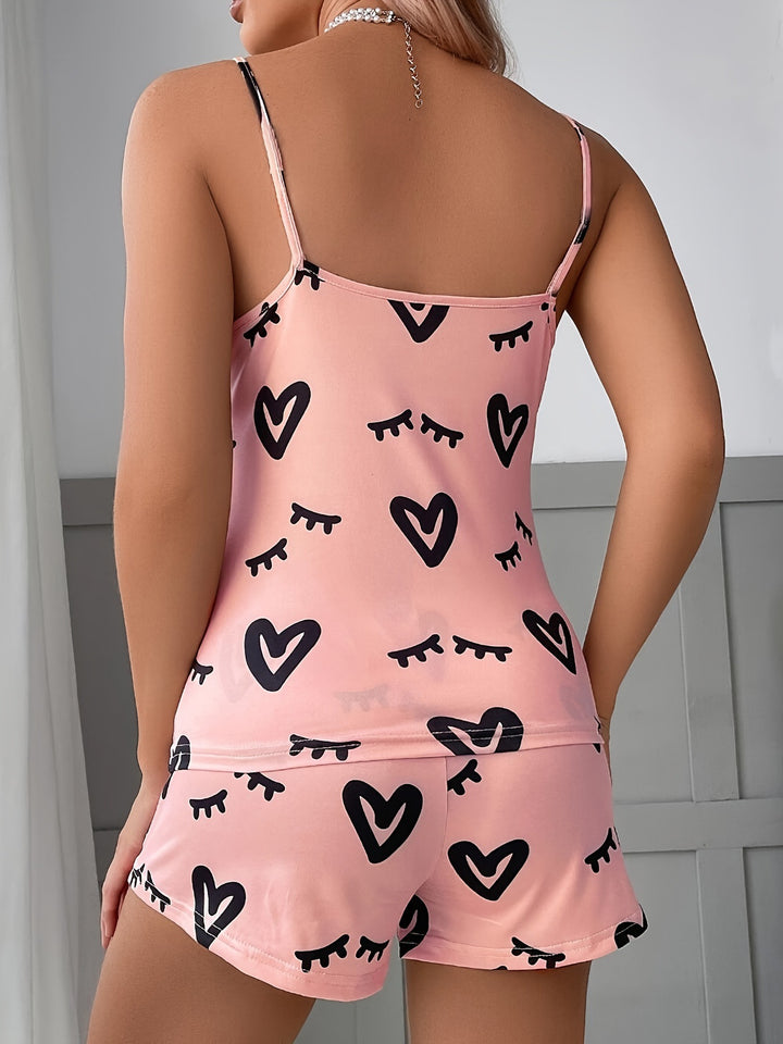 Dame sødt pyjamasæt med hjerteformede motiver og behagelig pasform Stilla